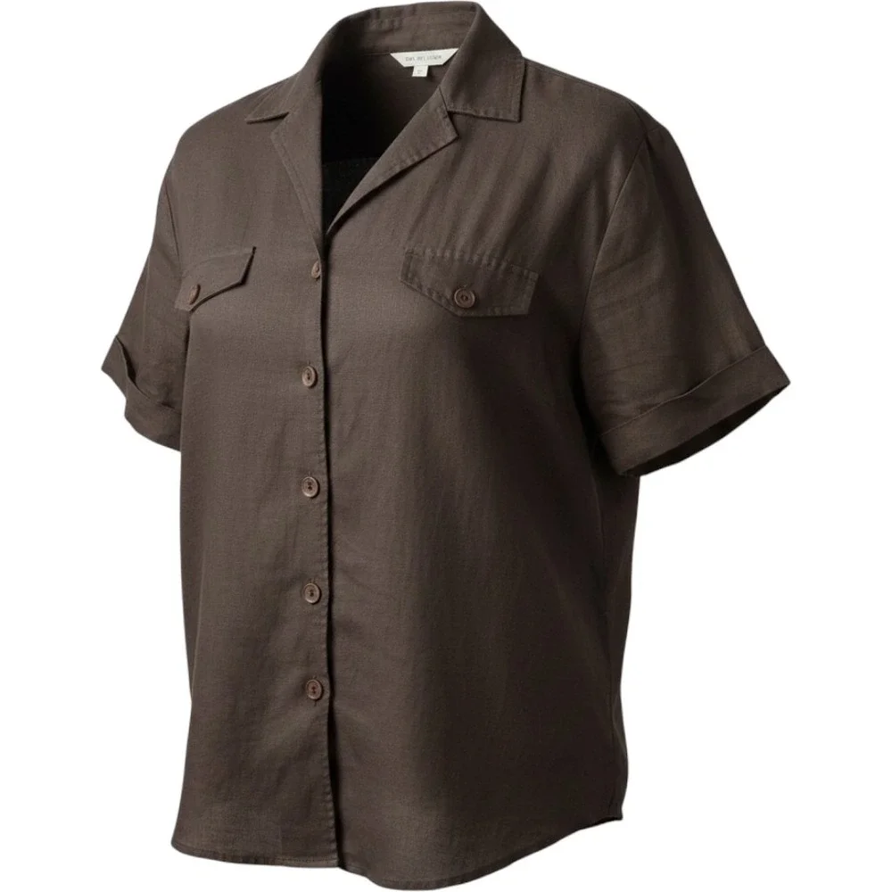 JM Collection Petite Brown 100% Linen Button Up Shirt Safari Coastal 10P camp